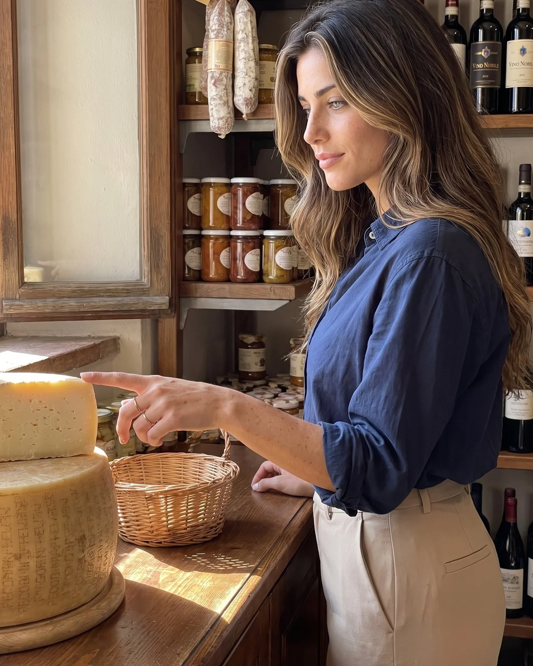 Bella exploring a food shop in Montepulciano
